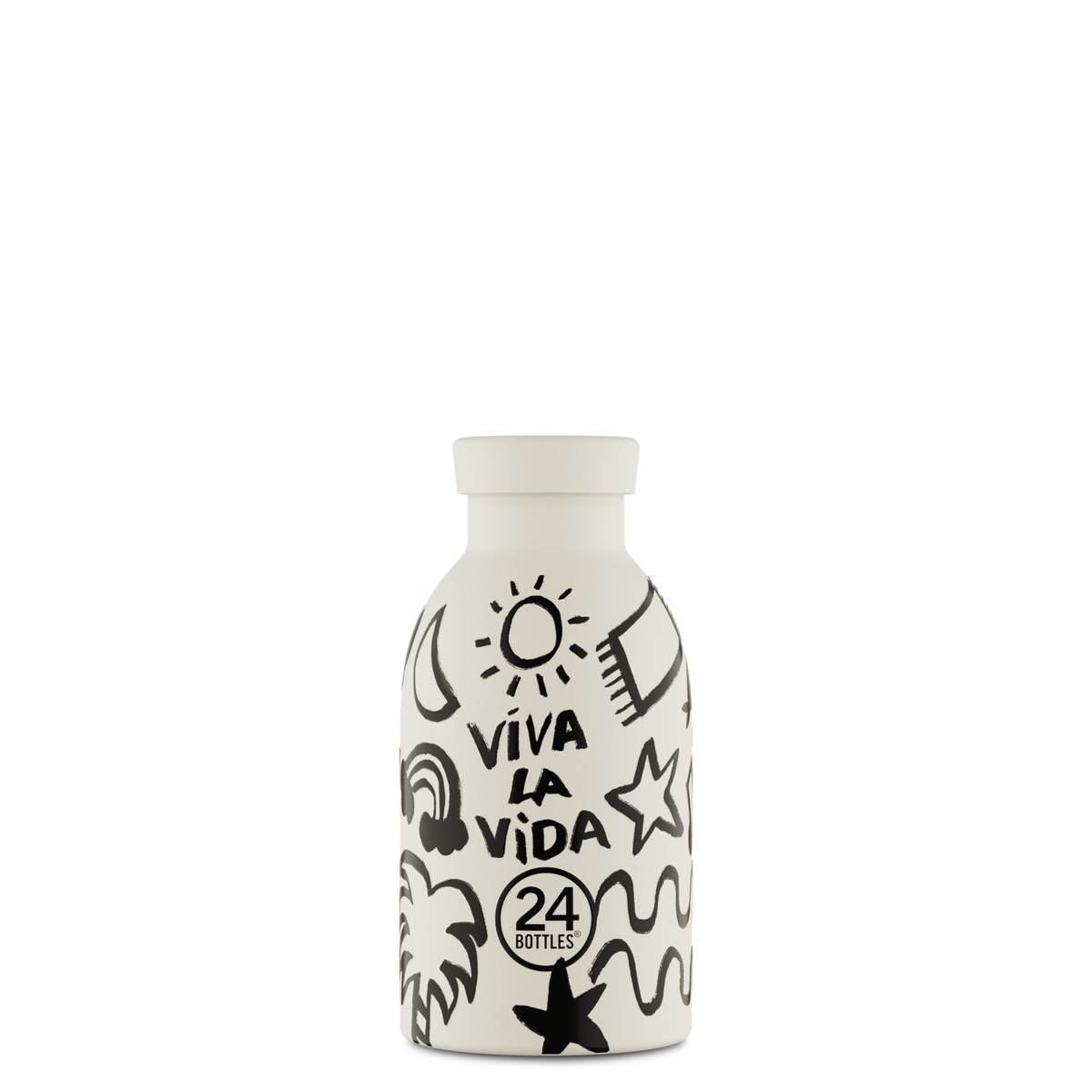White insulated water bottle with black graphics and Viva la Vida text '24Bottles' branding.